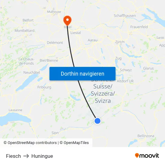 Fiesch to Huningue map