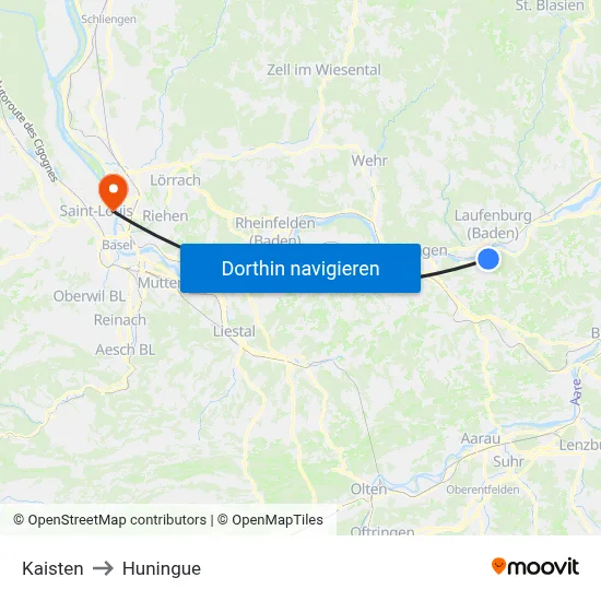 Kaisten to Huningue map