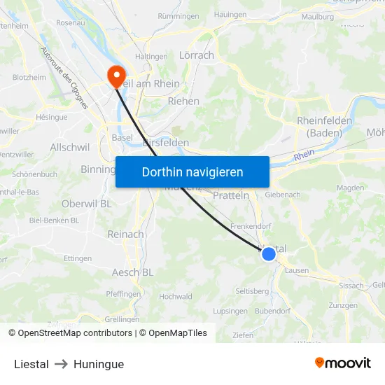 Liestal to Huningue map