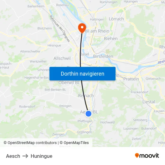 Aesch to Huningue map