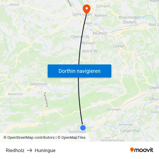Riedholz to Huningue map