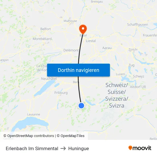 Erlenbach Im Simmental to Huningue map