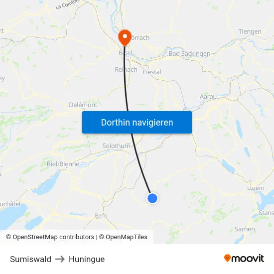 Sumiswald to Huningue map