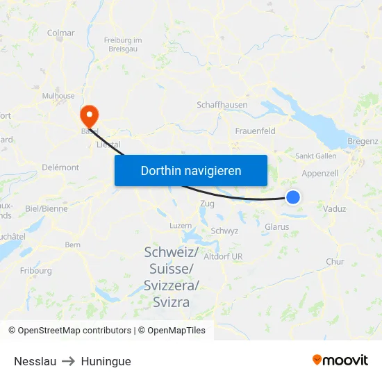 Nesslau to Huningue map