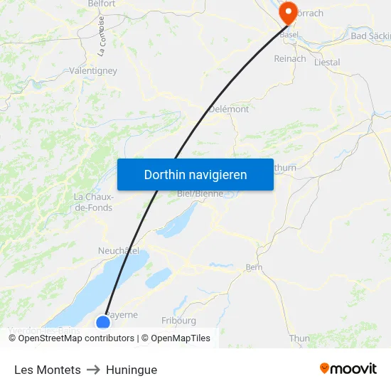 Les Montets to Huningue map