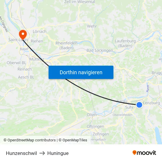 Hunzenschwil to Huningue map