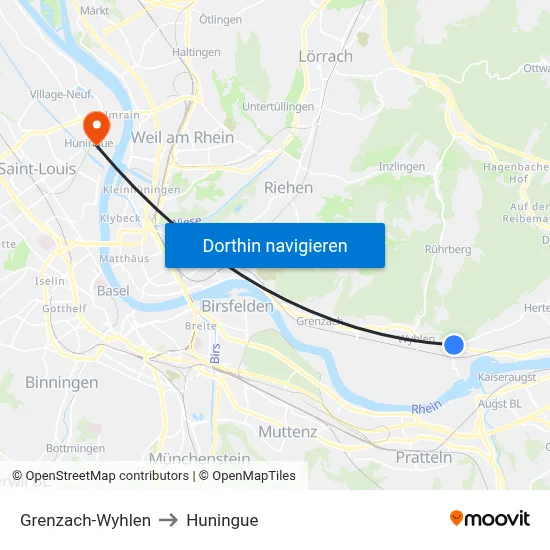 Grenzach-Wyhlen to Huningue map