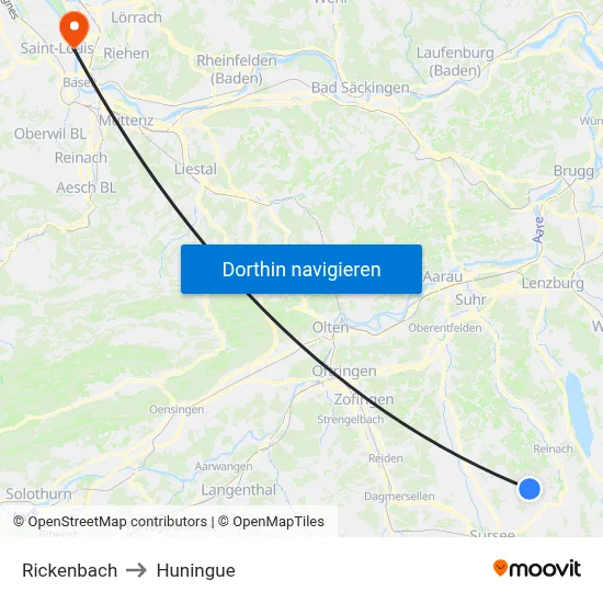 Rickenbach to Huningue map