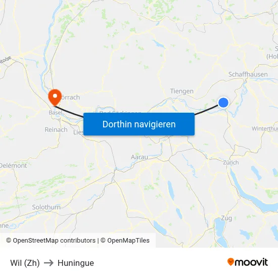 Wil (Zh) to Huningue map