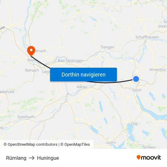 Rümlang to Huningue map