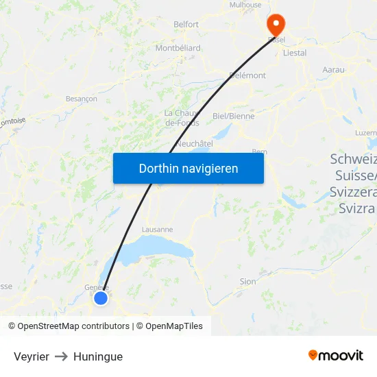 Veyrier to Huningue map