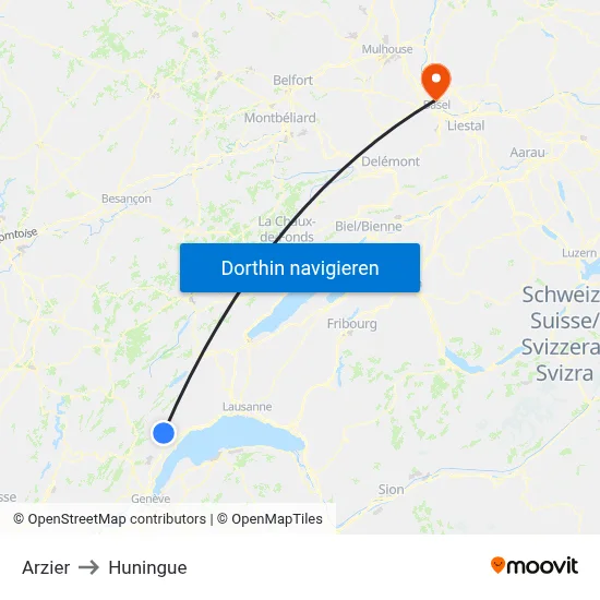 Arzier to Huningue map