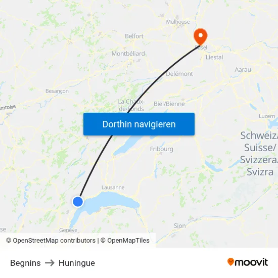 Begnins to Huningue map