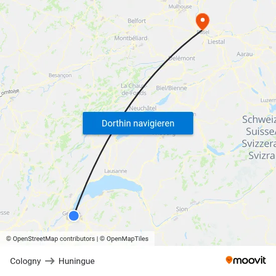 Cologny to Huningue map