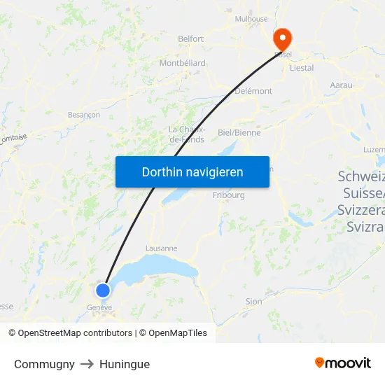 Commugny to Huningue map
