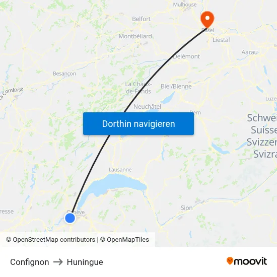 Confignon to Huningue map
