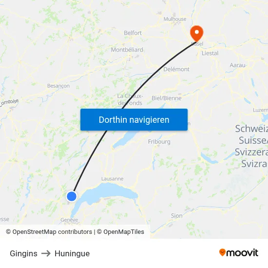 Gingins to Huningue map
