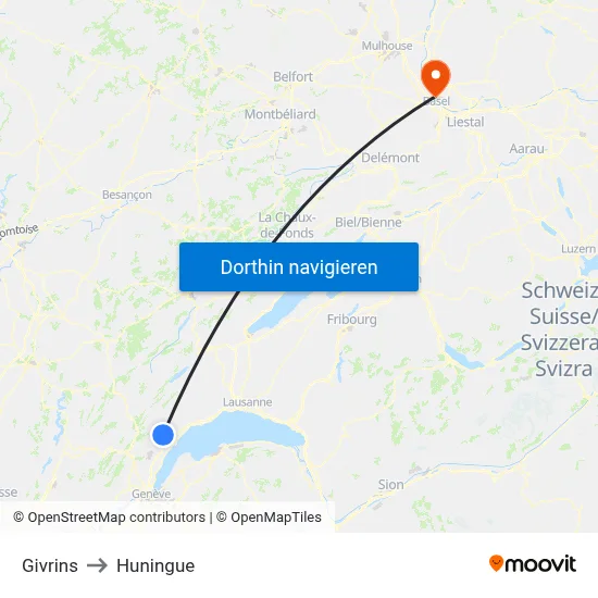 Givrins to Huningue map