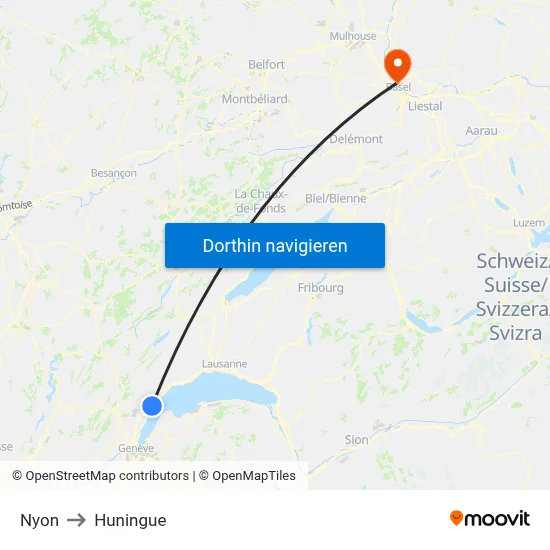 Nyon to Huningue map