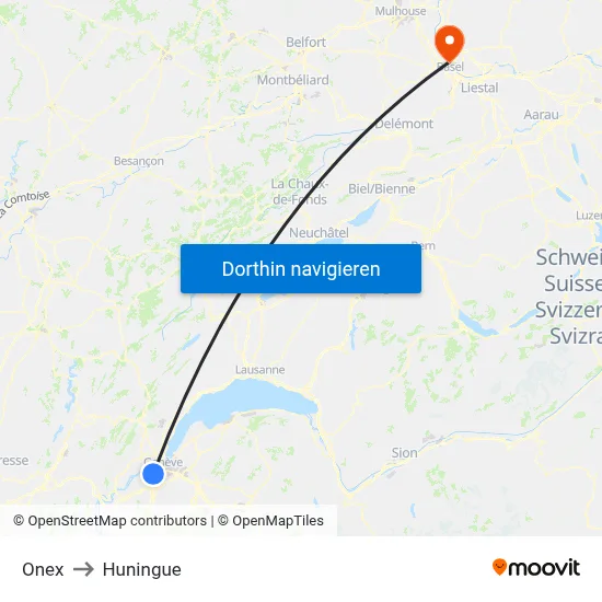 Onex to Huningue map