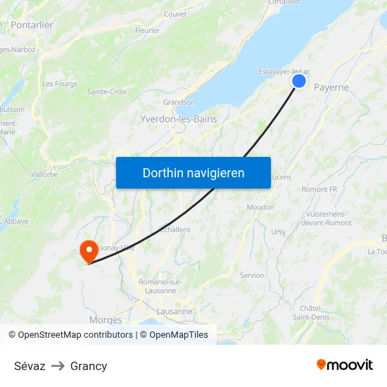 Sévaz to Grancy map