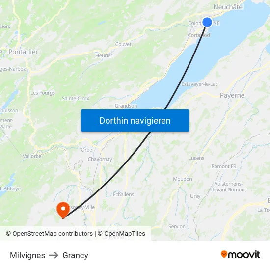 Milvignes to Grancy map