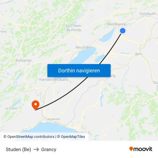 Studen (Be) to Grancy map