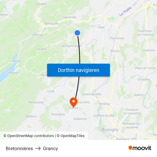 Bretonnières to Grancy map
