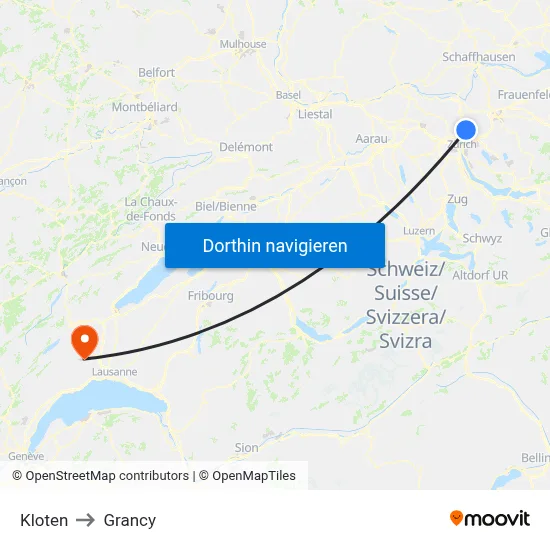 Kloten to Grancy map