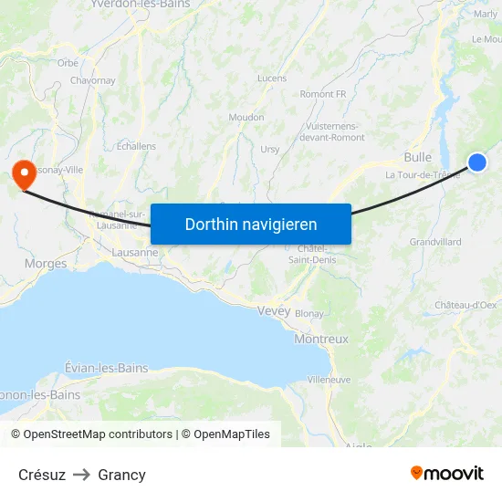 Crésuz to Grancy map