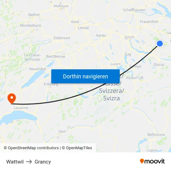 Wattwil to Grancy map