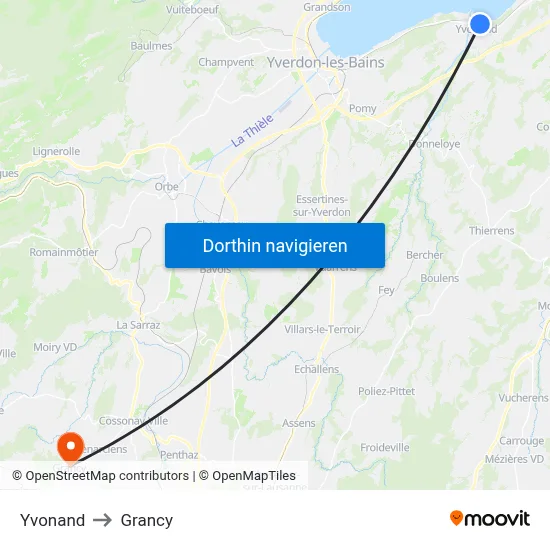 Yvonand to Grancy map