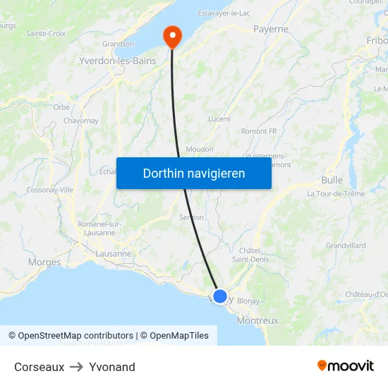 Corseaux to Yvonand map