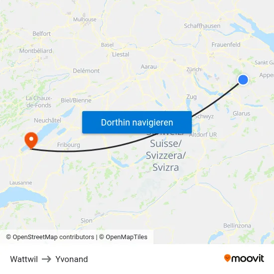 Wattwil to Yvonand map