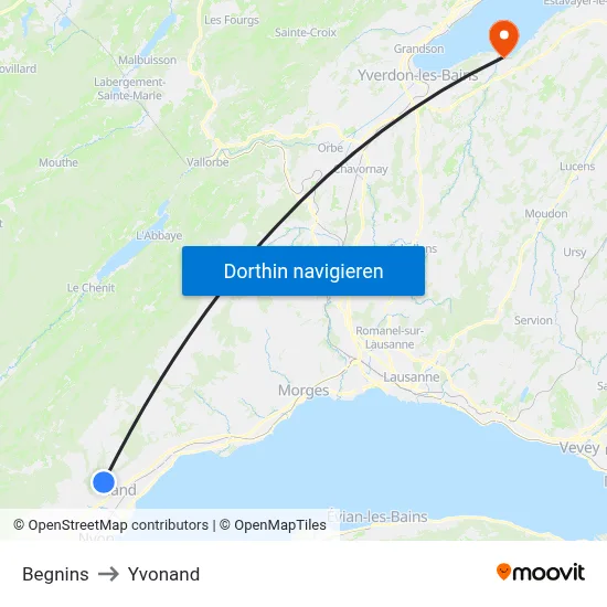 Begnins to Yvonand map
