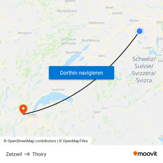 Zetzwil to Thoiry map