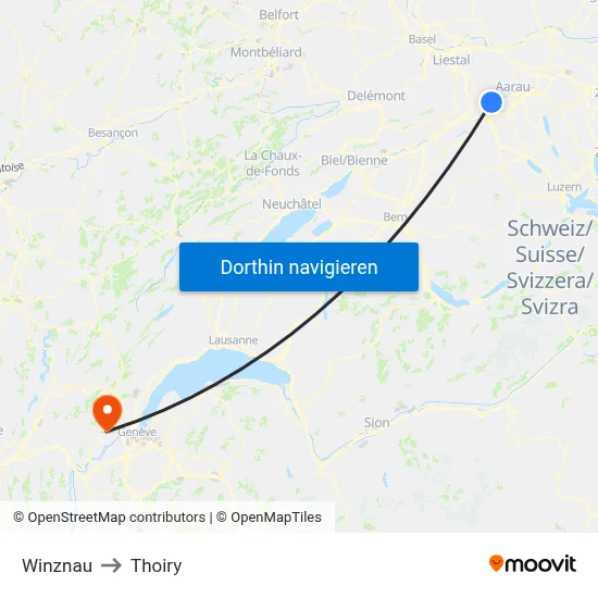 Winznau to Thoiry map