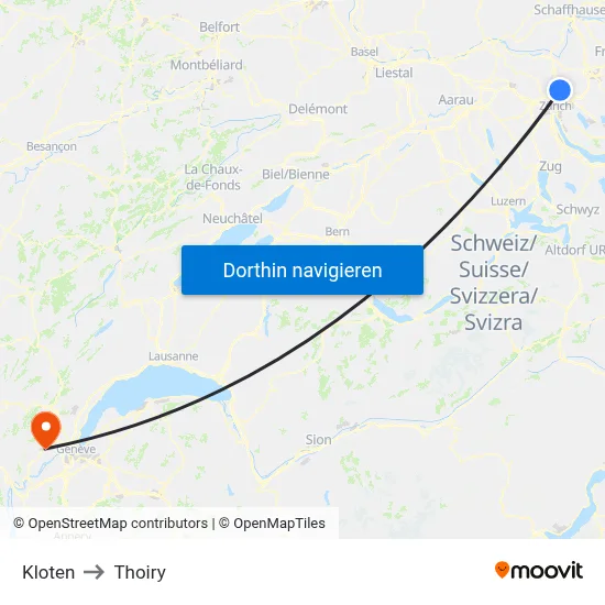 Kloten to Thoiry map