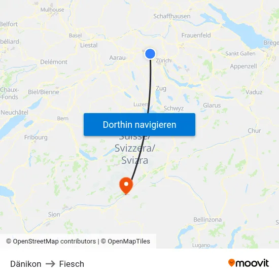 Dänikon to Fiesch map