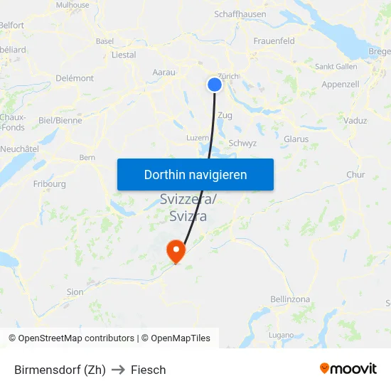 Birmensdorf (Zh) to Fiesch map