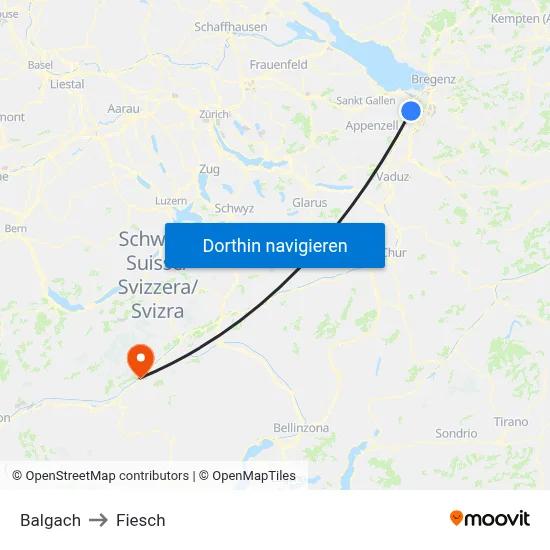 Balgach to Fiesch map