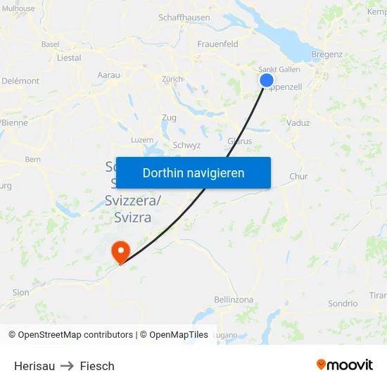 Herisau to Fiesch map