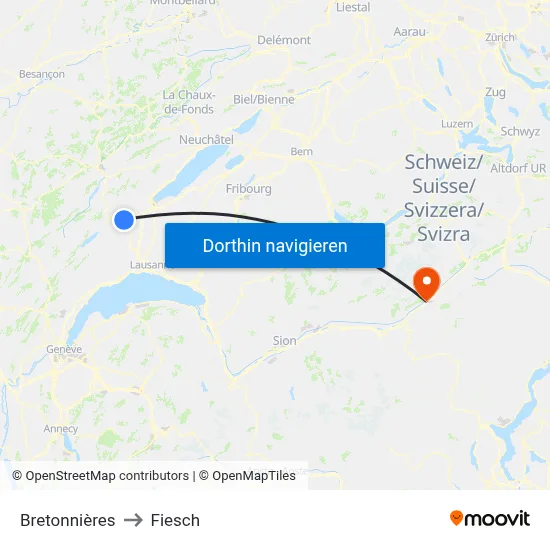 Bretonnières to Fiesch map