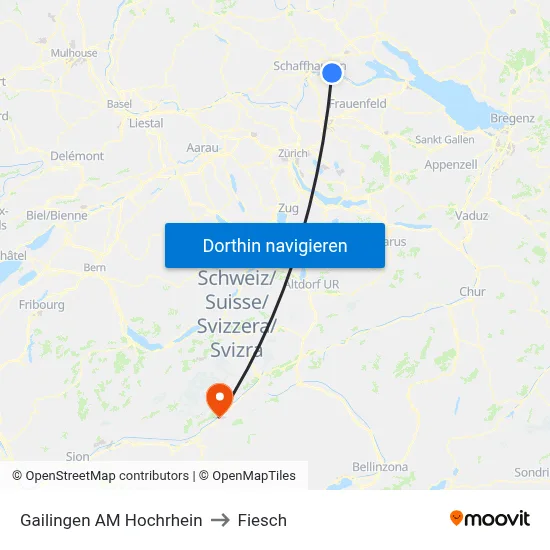 Gailingen AM Hochrhein to Fiesch map
