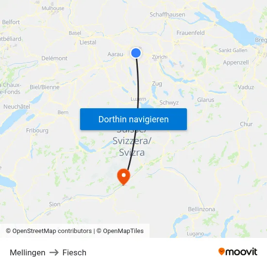 Mellingen to Fiesch map