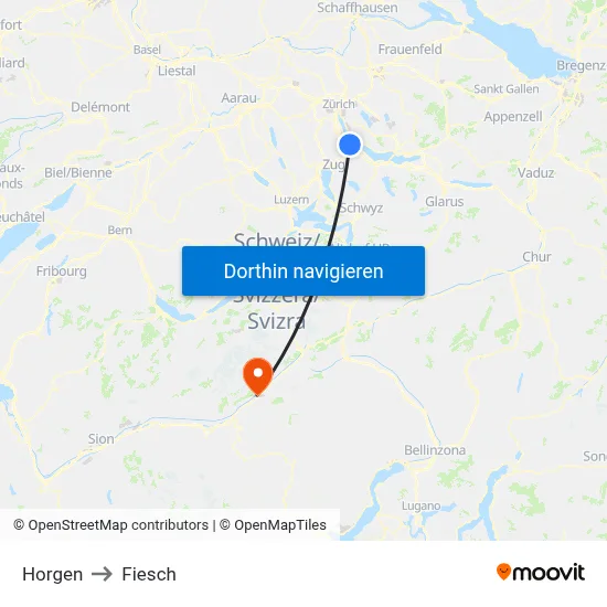 Horgen to Fiesch map