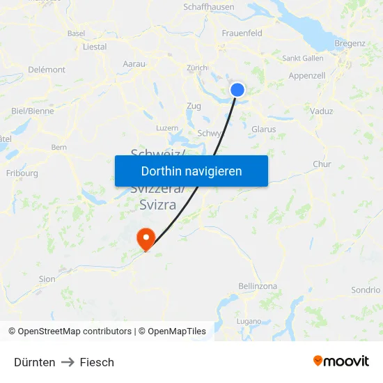 Dürnten to Fiesch map