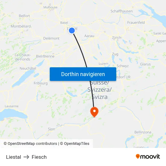 Liestal to Fiesch map