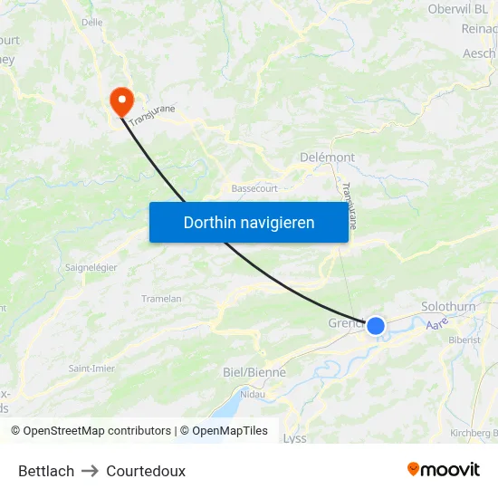 Bettlach to Courtedoux map