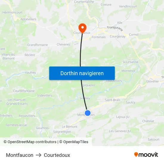 Montfaucon to Courtedoux map